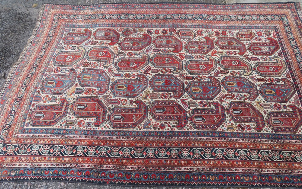 ANTIQUE KHAMSEH TRIBAL RUG. BAHARLU/AINALU ARAB NOMADS. SOUTH WEST PERSIA. 274CM X 184CM. View III