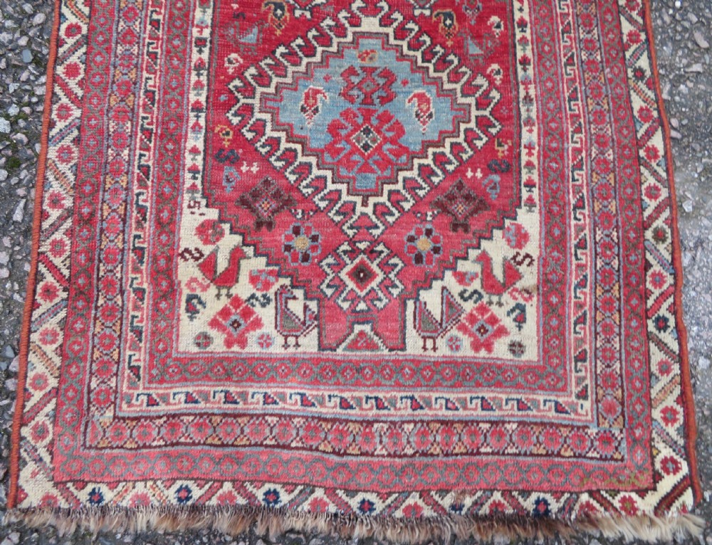 ANTIQUE KHAMSEH LONG NARROW RUNNER. PEACOCKS & PECKING CHICKENS. 457CM X 82CM. View II