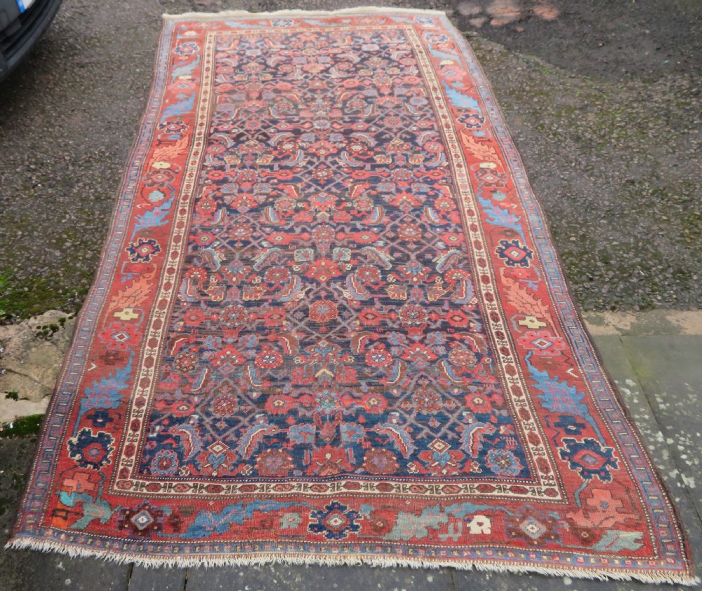 An antique Persian Bidjar Kelleh wool long rug featuring a central navy blue geometric botanical field surrounded by terracotta and blue borders. View II