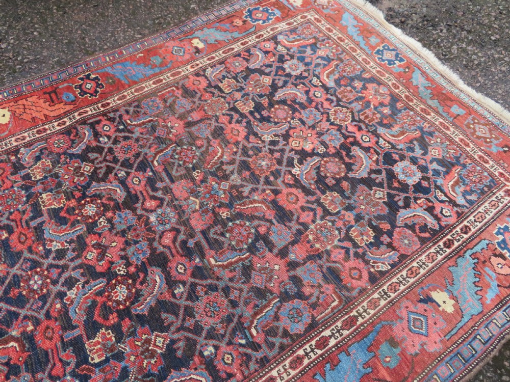 An antique Persian Bidjar Kelleh wool long rug featuring a central navy blue geometric botanical field surrounded by terracotta and blue borders. View XIII