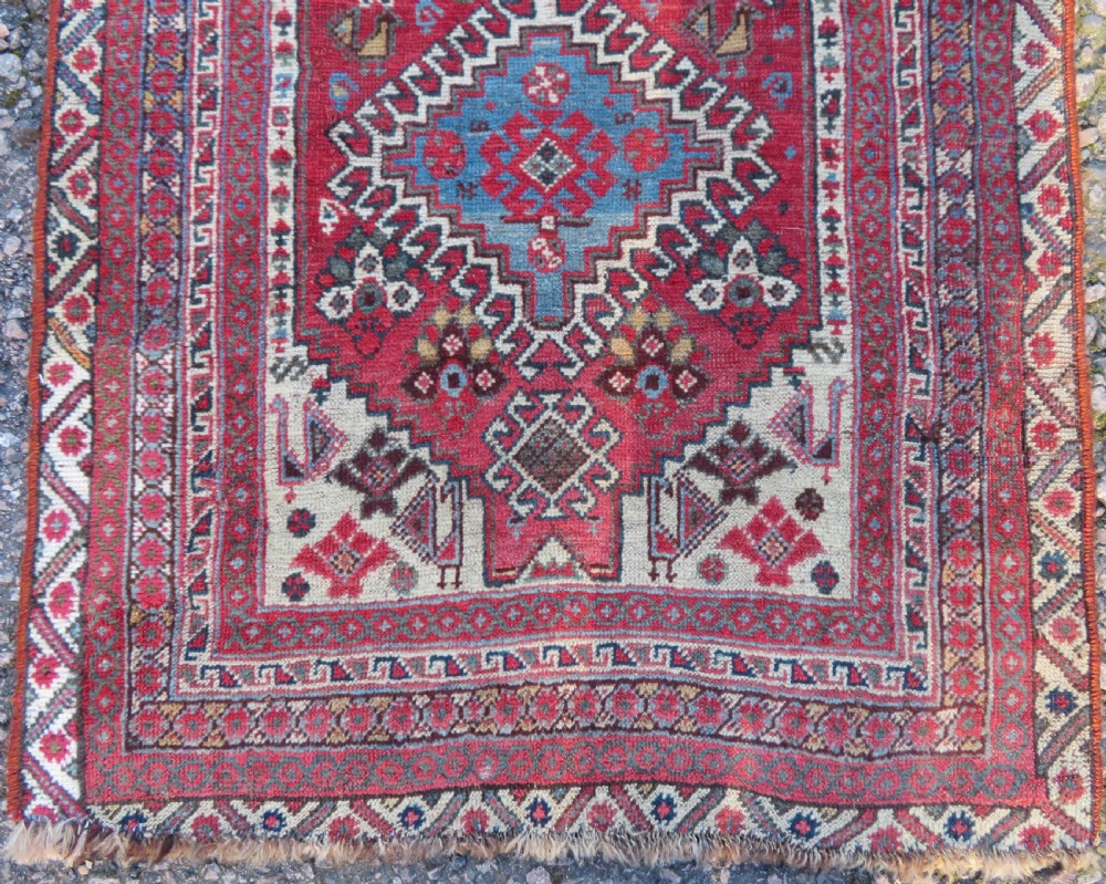 Antique Khamseh Long Narrow Runner. Peacocks & Pecking Chickens. 457cm X 84cm. View V