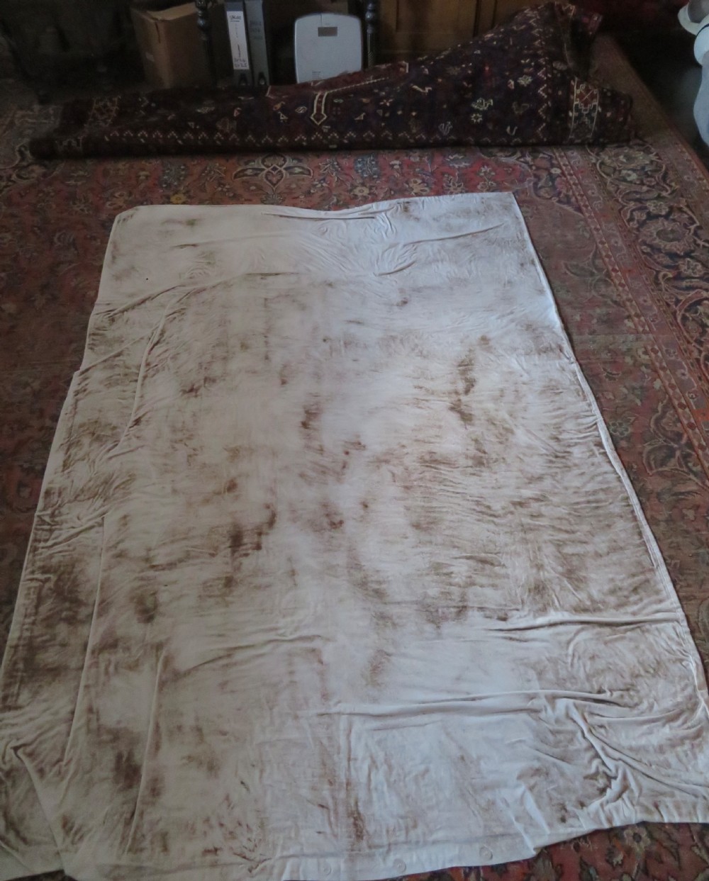 An antique Persian Khamseh carpet featuring three diamond-shaped central medallions and small bird motifs on a dark navy blue field with geometric borders. View XXVII