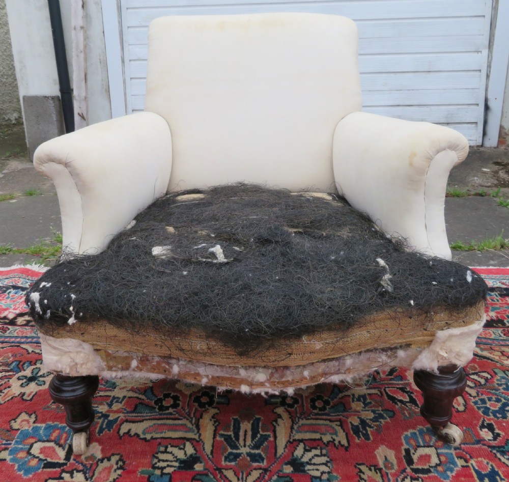 A Howard style low easy chair frame with exposed horsehair seat filling, cream calico back, and turned front wooden legs on ceramic castors.