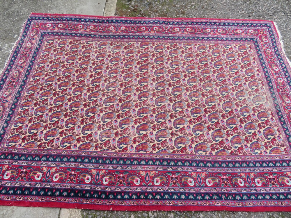 An antique Persian Meshed Doroksh wool rug featuring a repeating all-over boteh pattern on a cream field within multi-banded crimson and navy borders. View XIII