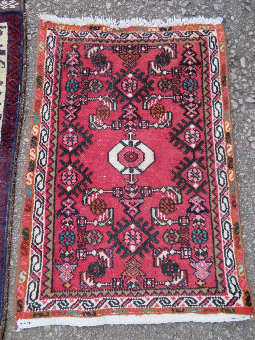 A pair of hand-woven tribal wool rugs featuring geometric medallions in tones of red, blue, brown, and cream with fringed edges. View III