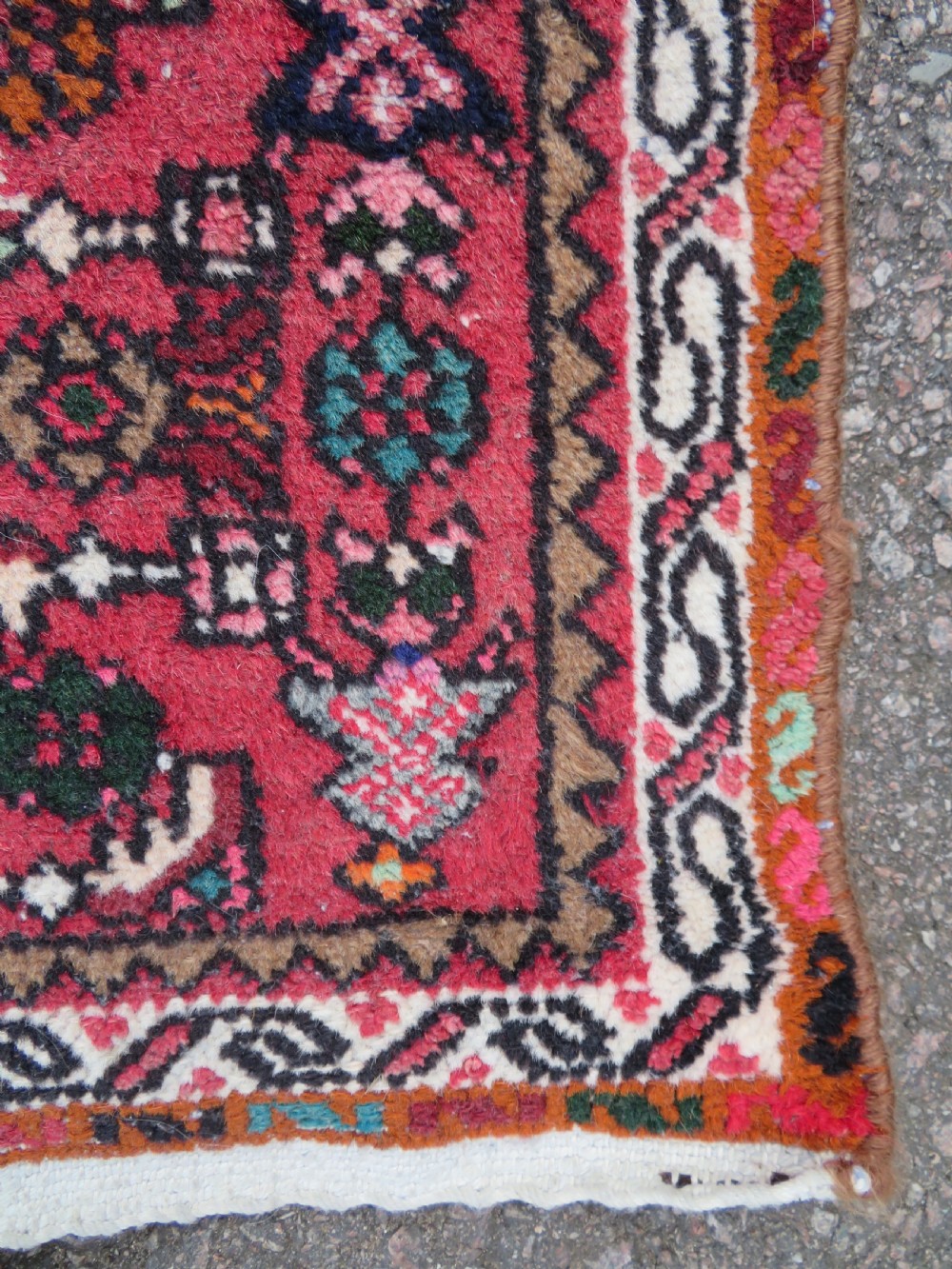 A pair of hand-woven tribal wool rugs featuring geometric medallions in tones of red, blue, brown, and cream with fringed edges. View IX
