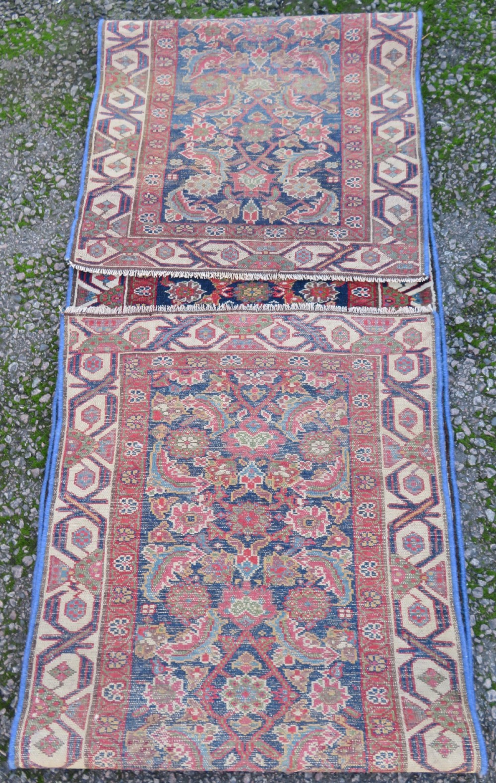 A long, narrow antique Persian Fereghan runner rug featuring detailed floral lattice motifs on a deep navy field framed by multi-tiered terracotta red and cream patterned borders. View XIII