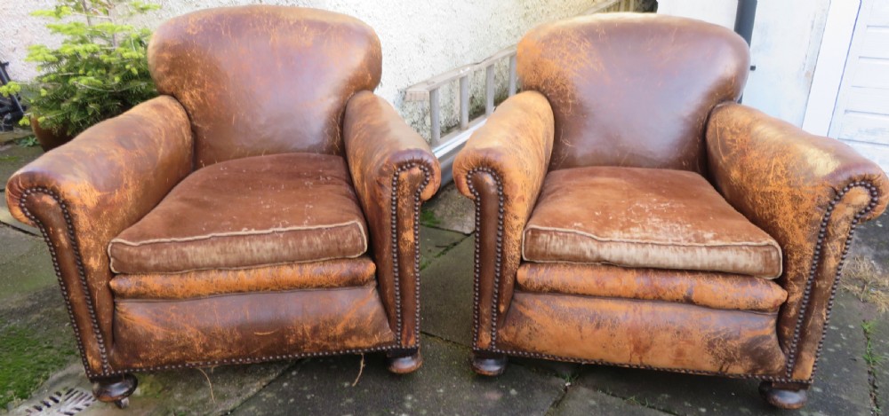 ART DECO PAIR LEATHER CLUB ARMCHAIRS. 