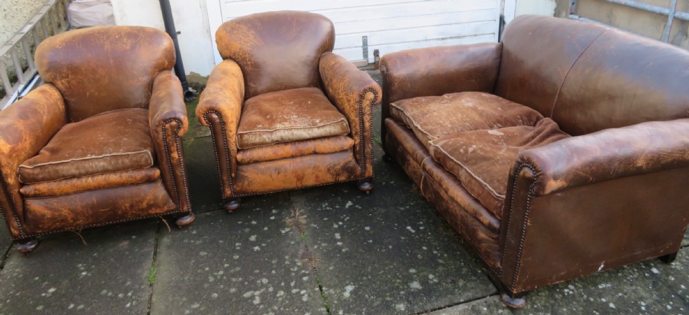 ART DECO PAIR LEATHER CLUB ARMCHAIRS.  View IV