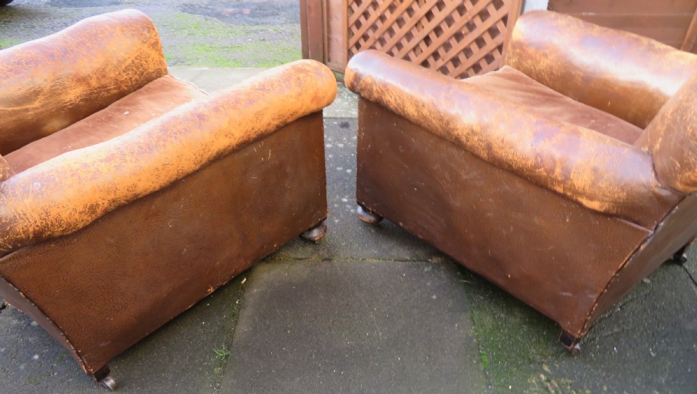 ART DECO PAIR LEATHER CLUB ARMCHAIRS.  View VII