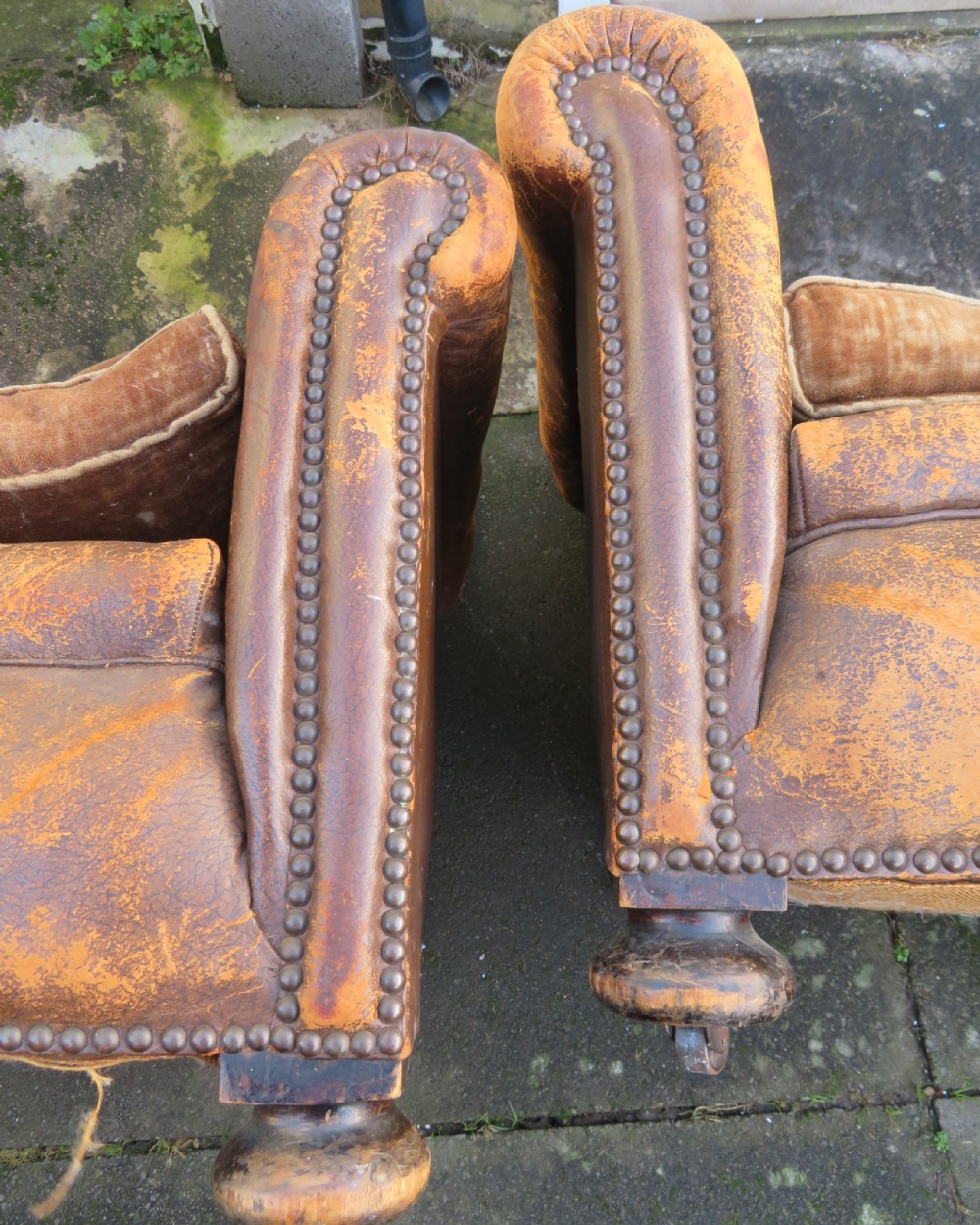 ART DECO PAIR LEATHER CLUB ARMCHAIRS.  View XV