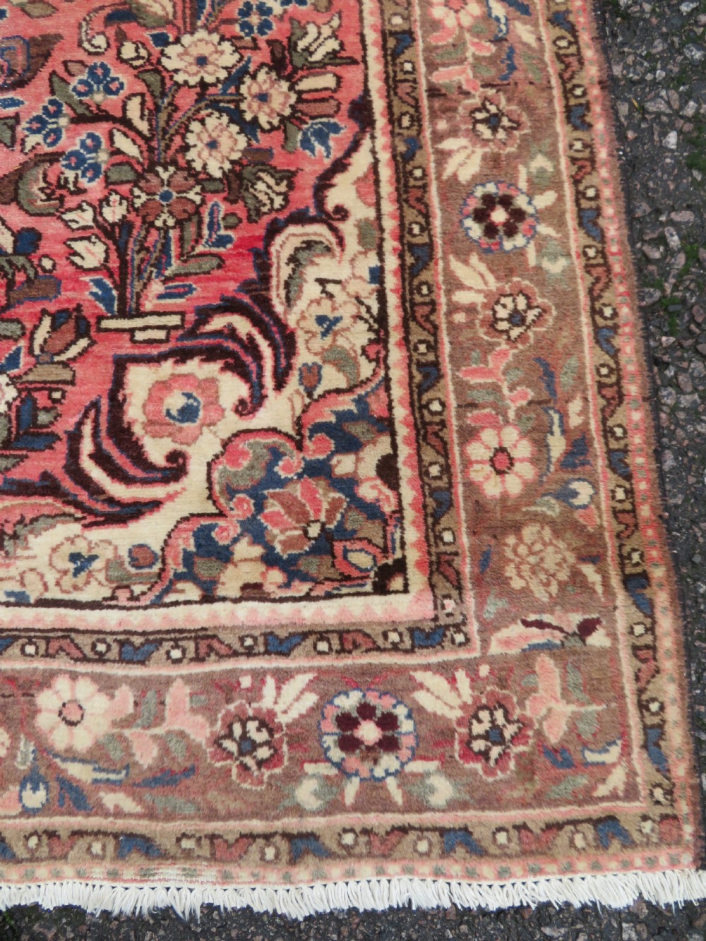 A large rectangular hand-knotted Persian Hamadan wool rug featuring a central floral medallion surrounded by intricate floral motifs in shades of rose pink, cream, brown, and blue. View VIII
