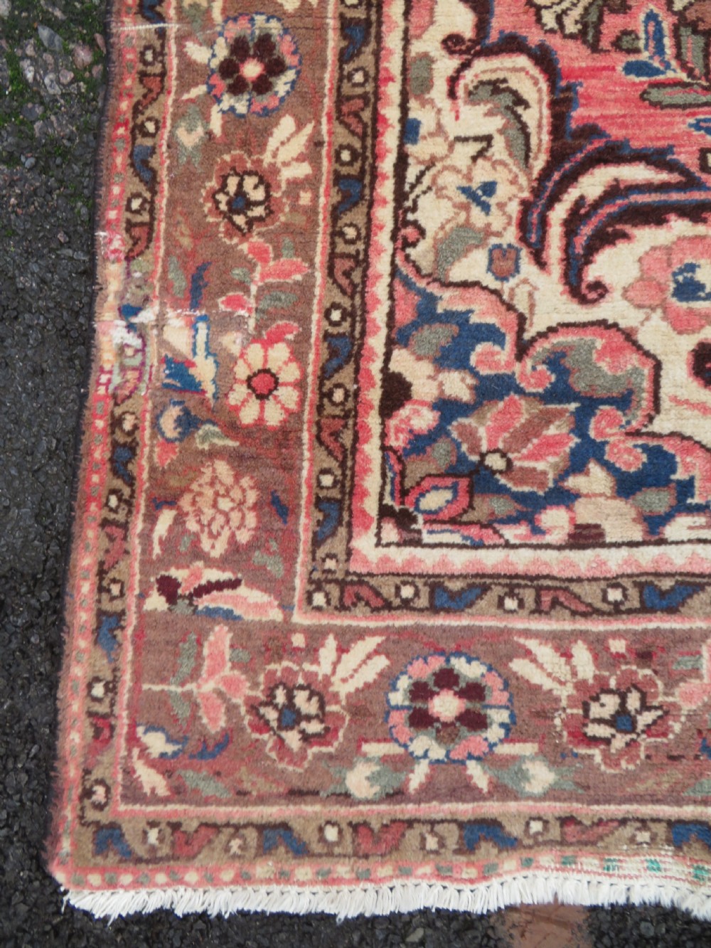 A large rectangular hand-knotted Persian Hamadan wool rug featuring a central floral medallion surrounded by intricate floral motifs in shades of rose pink, cream, brown, and blue. View IX