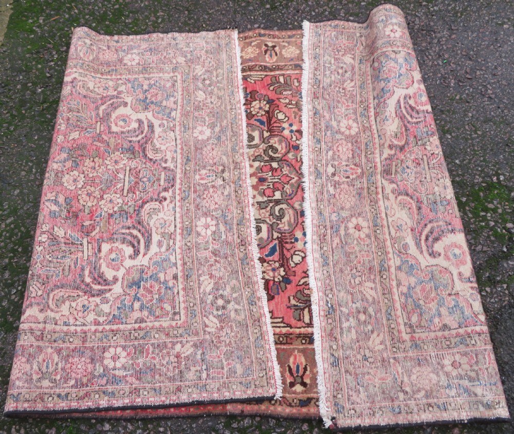 A large rectangular hand-knotted Persian Hamadan wool rug featuring a central floral medallion surrounded by intricate floral motifs in shades of rose pink, cream, brown, and blue. View XIII