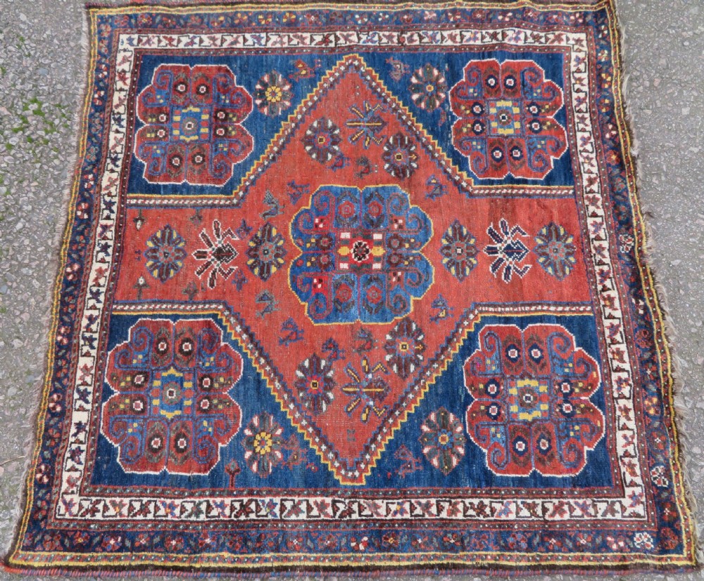 Unusual Square Antique Khamseh Tribal Rug. 119cm x 120cm. View II
