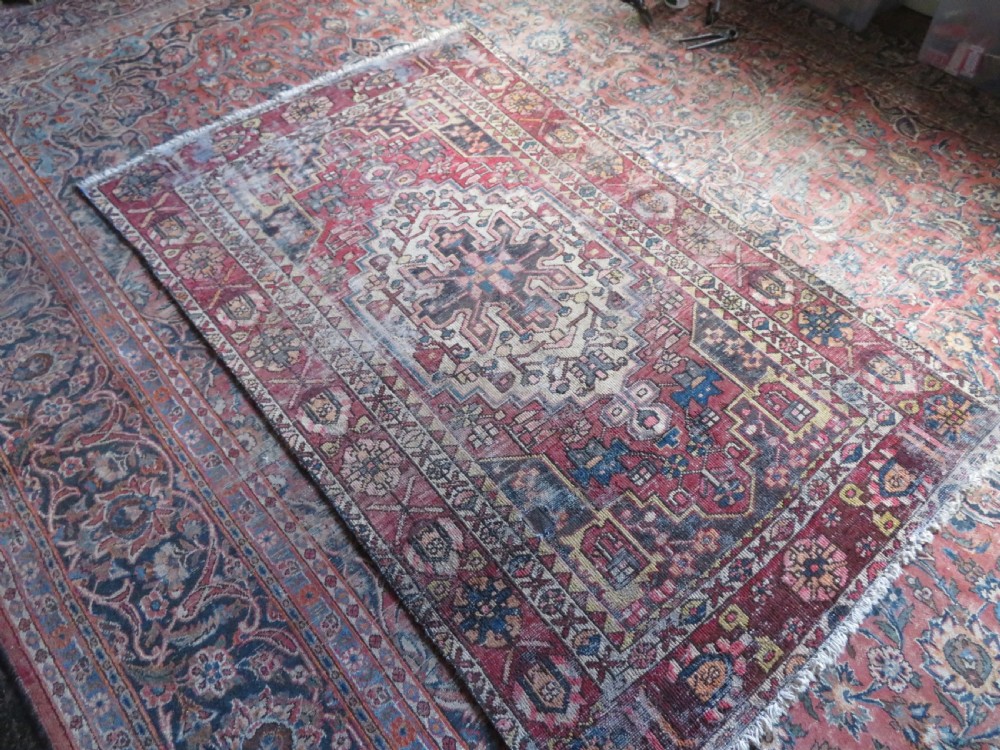 An antique hand-knotted wool Persian Malayer rug featuring a central geometric medallion on a cream and terracotta red field with multi-tiered borders. View XX