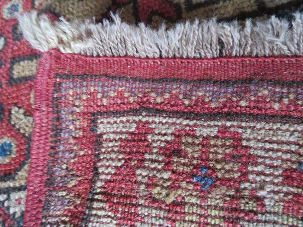An antique hand-knotted Turkish Milas wool prayer rug featuring a central pointed arch motif in terracotta surrounded by broad geometric floral borders in cream, red, and blue shades. View XVII