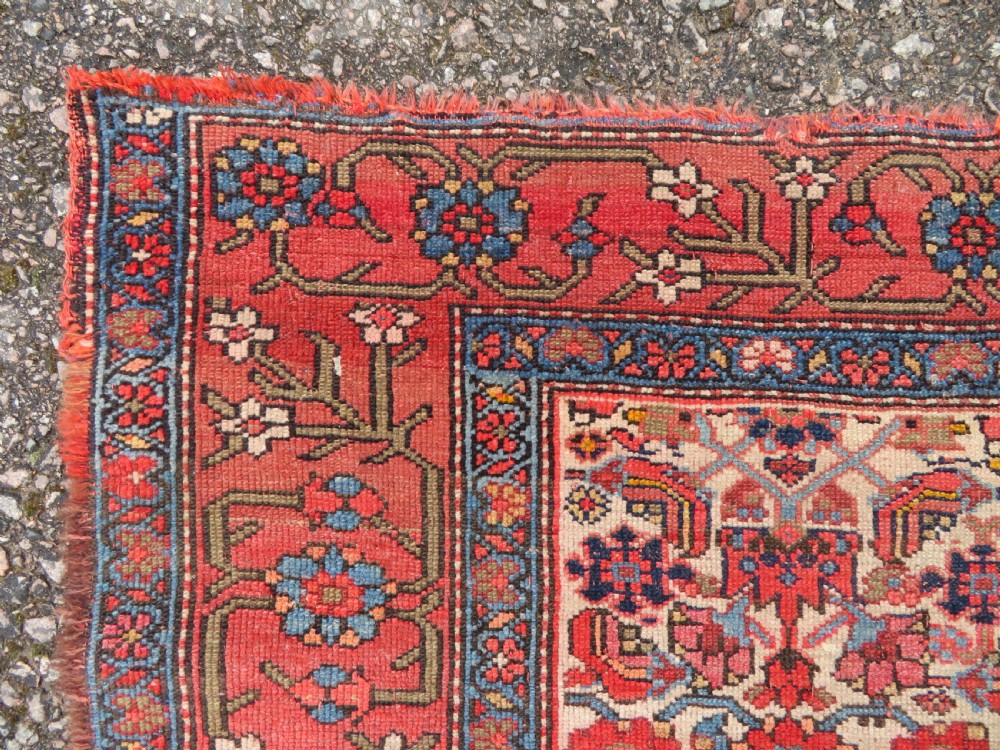 An antique hand-knotted Kurdish Bijar wool rug featuring a central red and blue medallion, cream patterned spandrels, and a terracotta floral border. View VIII
