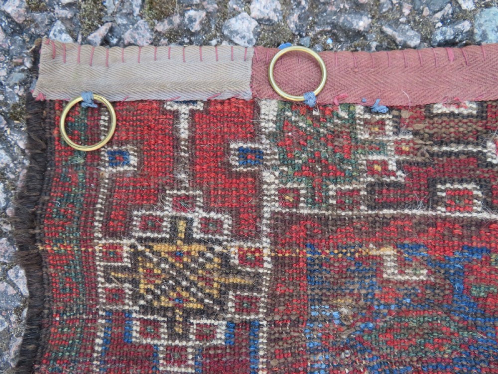 An antique Khamseh hand-knotted wool rug featuring three stacked geometric diamond medallions on an indigo blue field surrounded by intricate patterned borders. View XIII