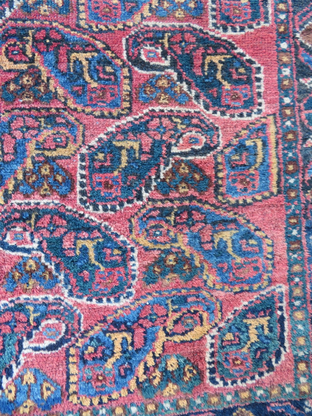 An antique hand-knotted wool Afshar tribal rug featuring a repeating boteh pattern on a terracotta field with geometric blue and cream borders. View III