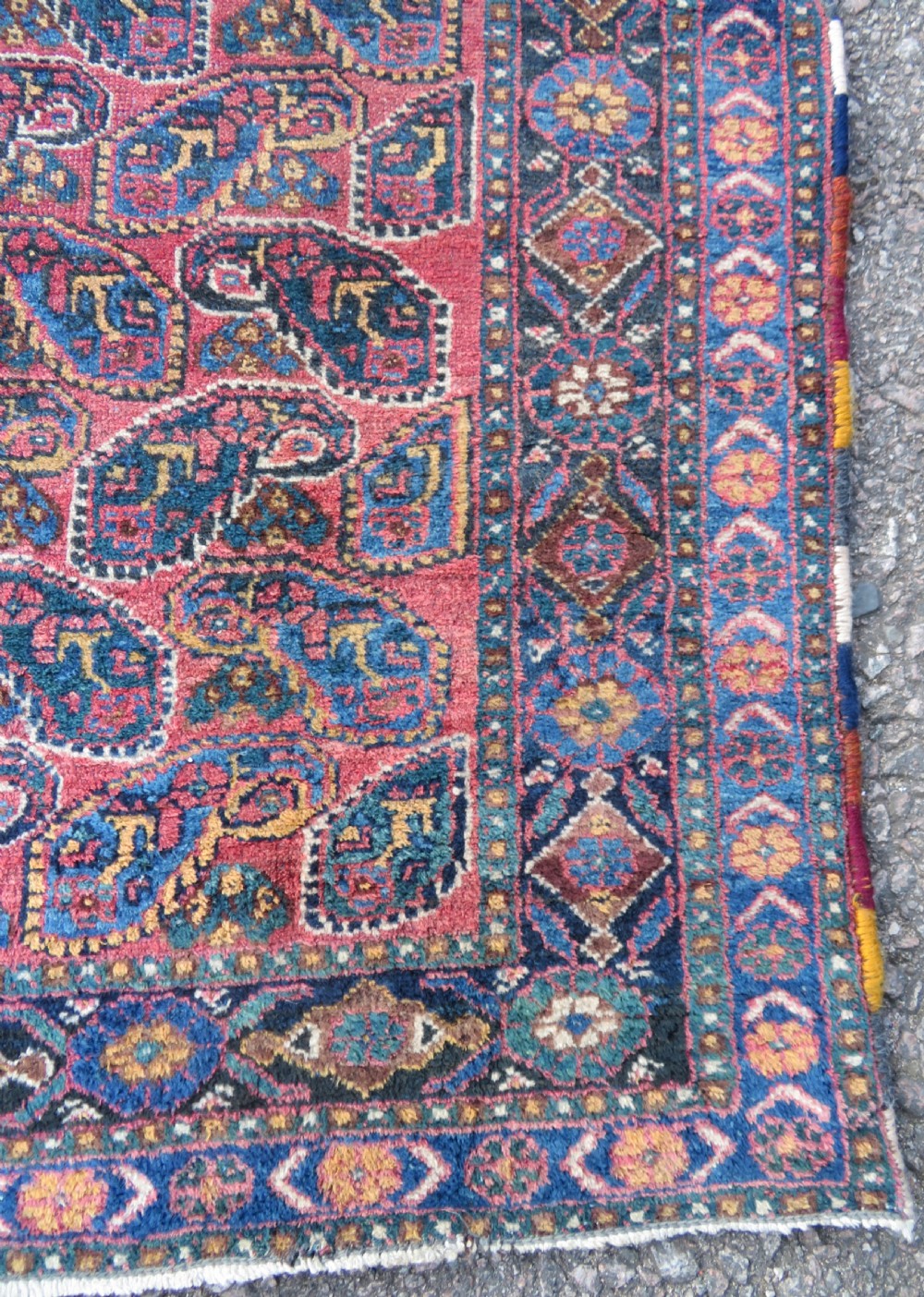 An antique hand-knotted wool Afshar tribal rug featuring a repeating boteh pattern on a terracotta field with geometric blue and cream borders. View VII