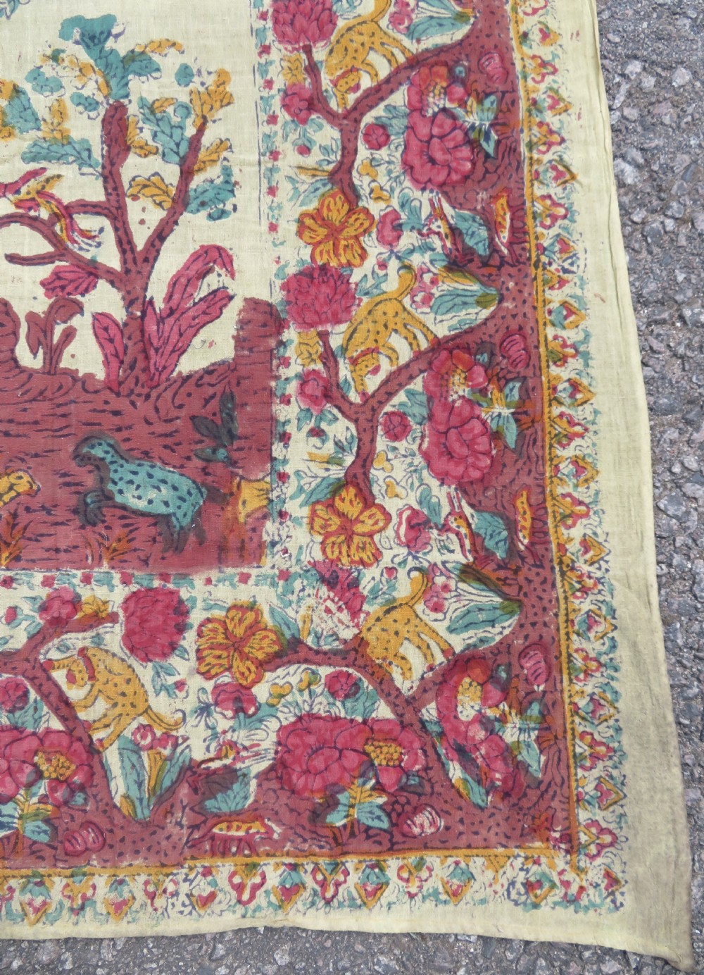 An antique 19th-century yellow cotton palampore textile featuring a centrally printed Tree of Life with birds, animals, and a pink floral border. View XIII