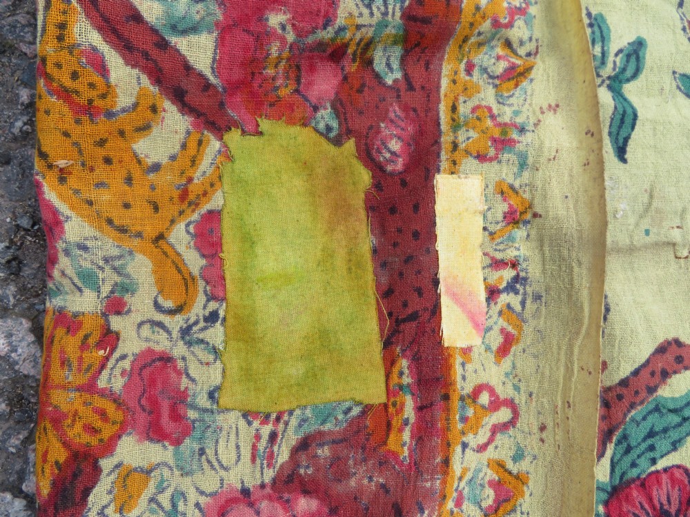 An antique 19th-century yellow cotton palampore textile featuring a centrally printed Tree of Life with birds, animals, and a pink floral border. View XV