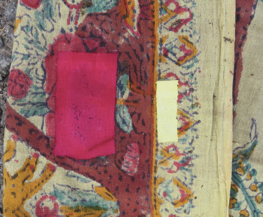 An antique 19th-century yellow cotton palampore textile featuring a centrally printed Tree of Life with birds, animals, and a pink floral border. View XVII