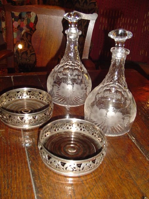 fig 2. Pair of Signed Period Decanters with Coasters.