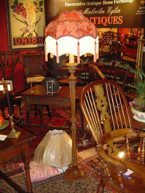 Early 20th C. Walnut Standard Lamp & Silk Shade.