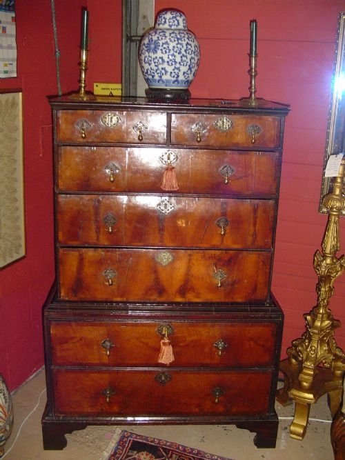 18th C. Cross Banded Walnut Chest on Chest.