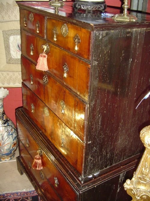 fig 3. 18th c. Cross Banded Walnut Chest on Chest.