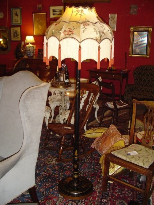 Black Lacquered Standard Lamp & Handmade Embroidered Silk Shade