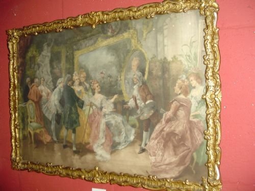 Victorian Print of 18thc. Court Scene in Gilt Frame.