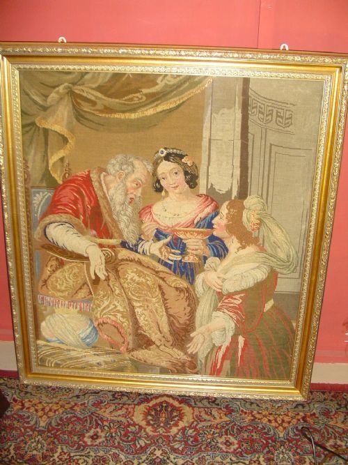 19th C. Needlework Tapestry.   Jacob & Rachel