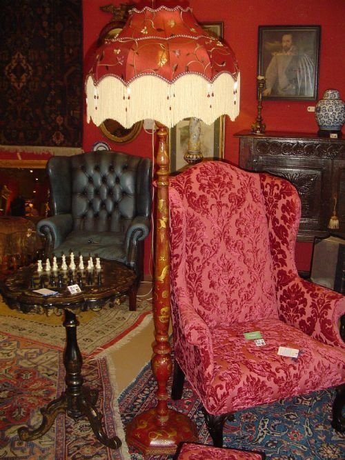 Red Lacquered Standard Lamp & Silk Shade. C1930