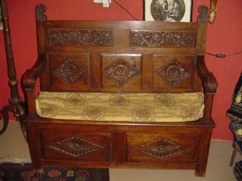 Carved Oak Box Settle.  C 1900