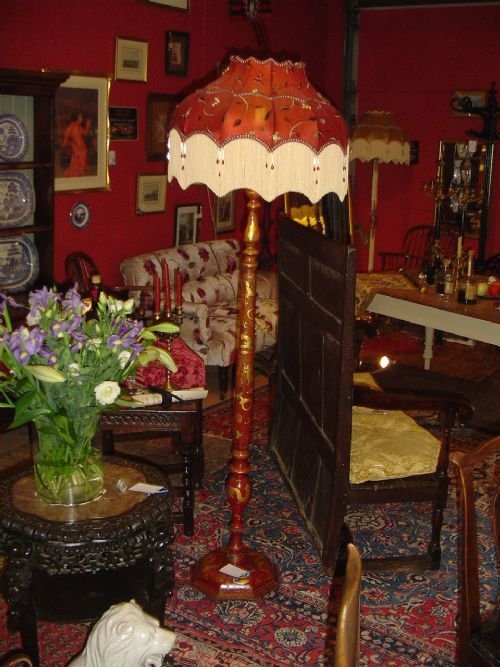 Handsome Red Lacquer Standard Lamp & Silk Shade.