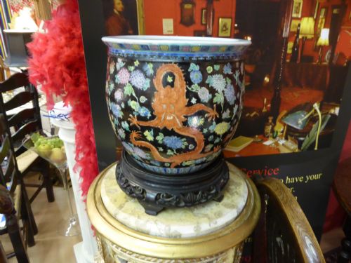 Hand Painted Chinese Famille Noir Jardiniere