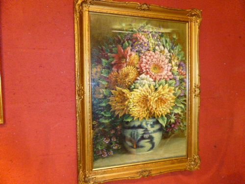 Beautiful Oil Painting of a Vase of Flowers. C1930.