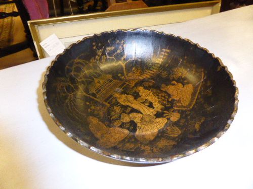 Papier Mache Shallow Dish with Chinoiserie Design. C1900.