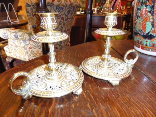 A Pair of Victorian Brass Chamber Sticks. C1880.