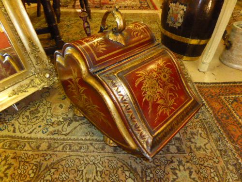 Victorian Red Toleware Coal Scuttle & Shovel. C. 1880.