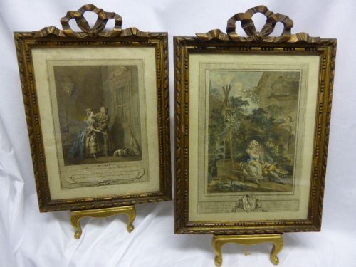 A Pair of 18th C French Engravings in Gilt Ribbon Frames.