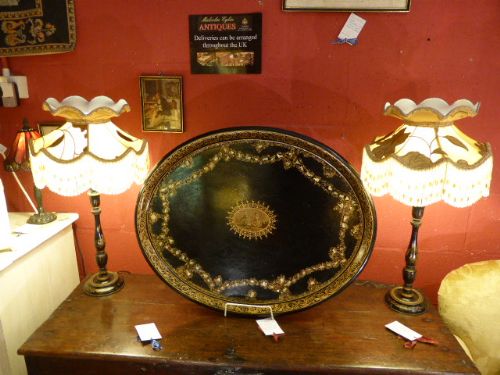 A Pair of Black Lacquered Table Lamps with Handmade Silk Shades.