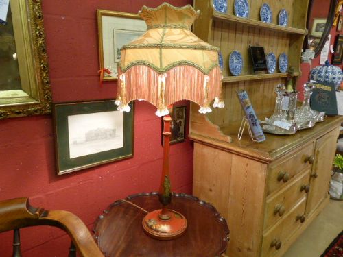 Red Lacquered Table Lamp with Downton Abbey Shade.