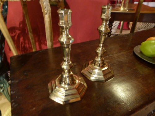 A Pair of French Brass 18th C. Candlesticks.