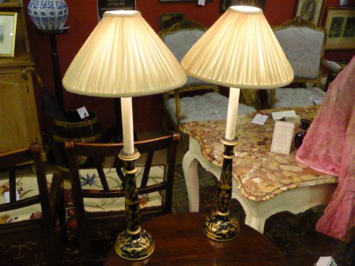 Unusual Pair of Lacquered & Gilt Painted Table Lamps.  C1930.