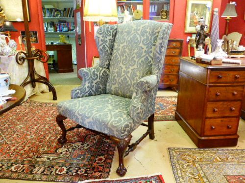 fig 1. 19th century Irish Mahogany Upholstered Wing Armchair.