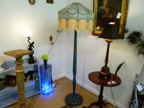 Rare Blue Lacquered Standard Lamp with Chinoiserie Design and Handmade Silk Shade